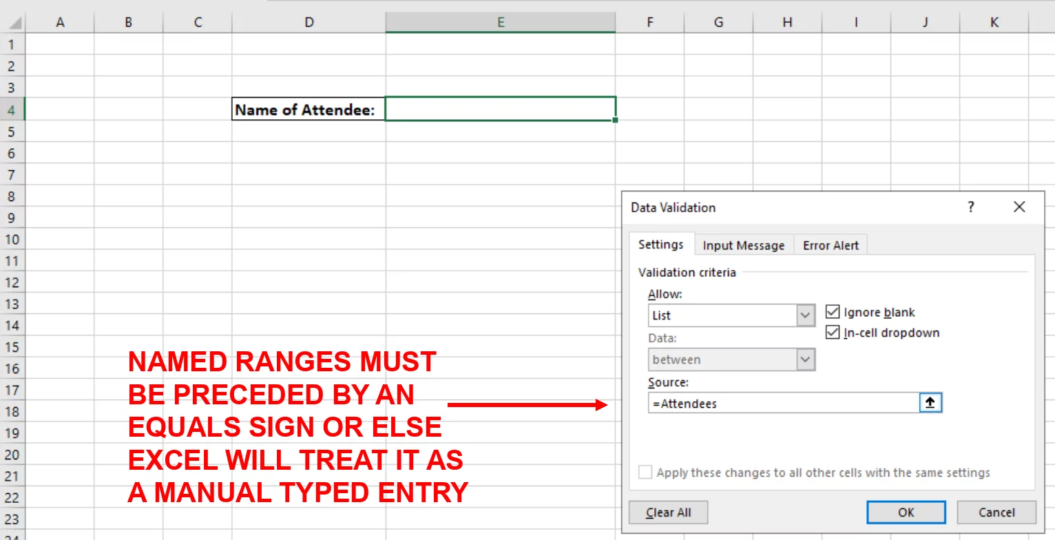 Screenshot showing the named range Attendees being entered into the Source box preceded by an equals sign
