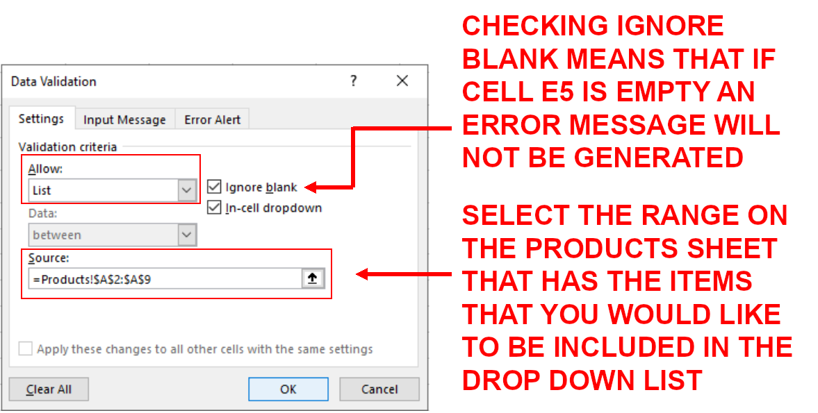Screenshot showing the Data Validation Dialog Box and explaining how to create a drop down list and which Settings to use