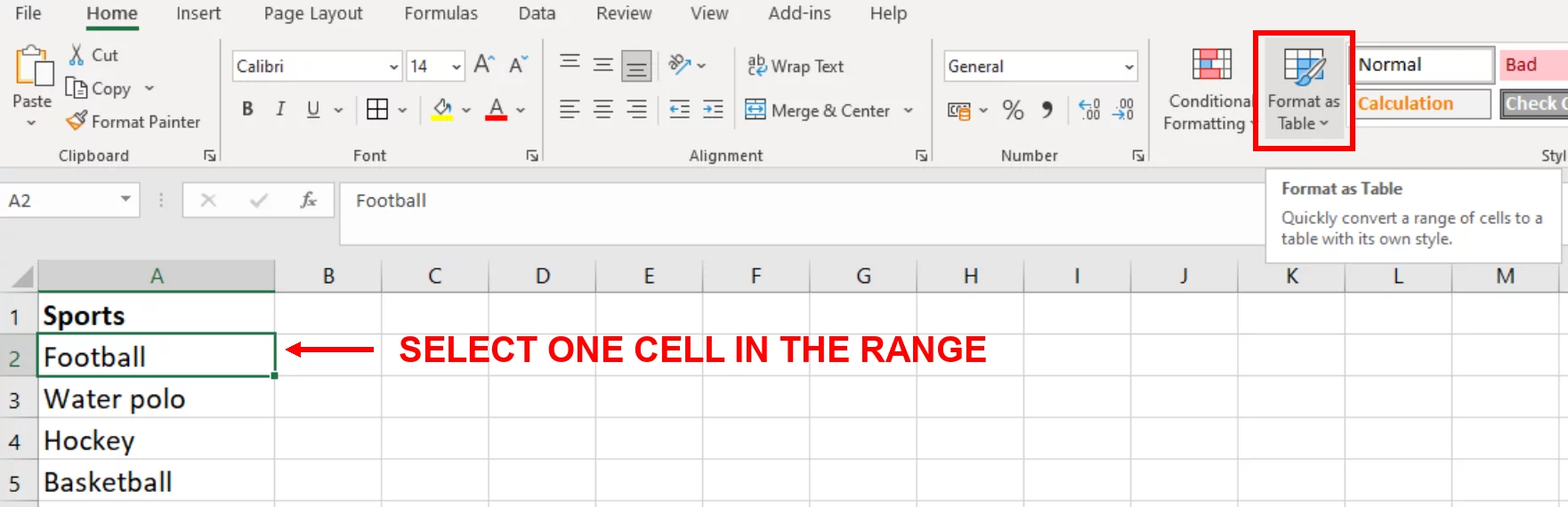 Screenshot showing the Format as Table option in the Styles group on the Home Tab