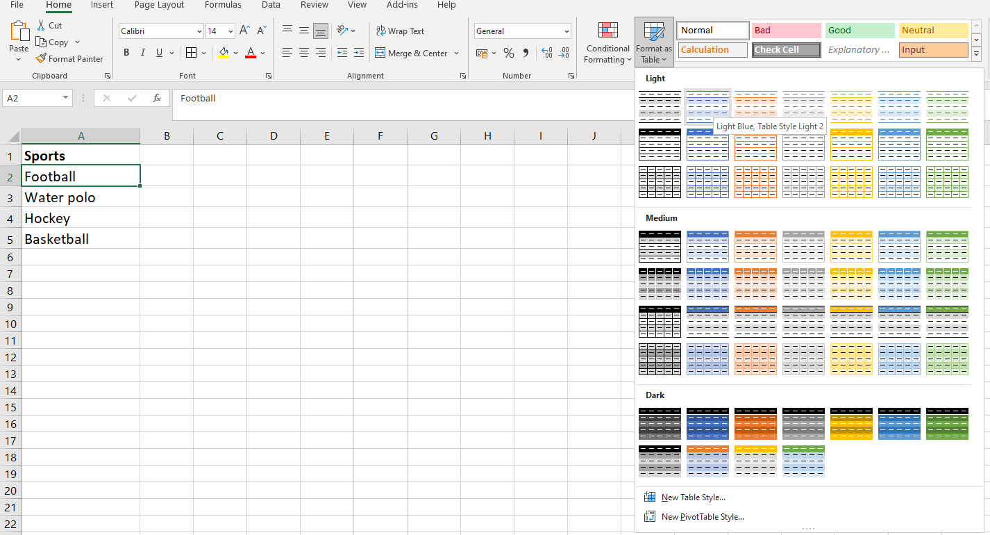 Screenshot showing how to select a table style