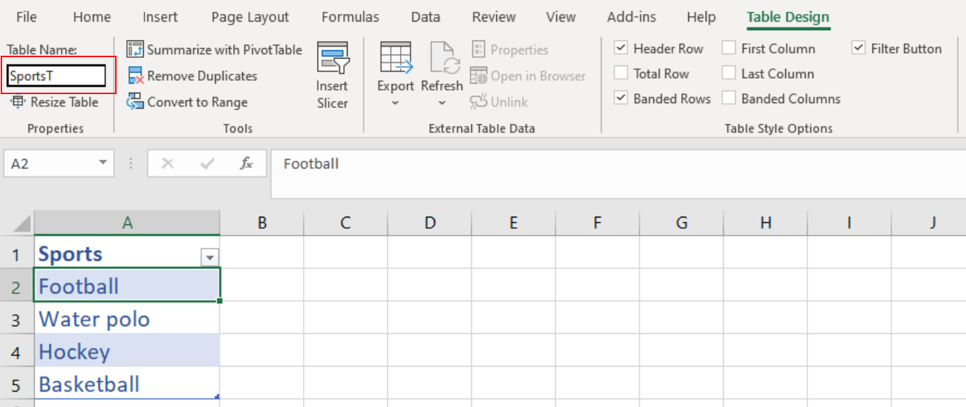 Screenshot showing how to rename a Table in the Properties group in the Table Design tab