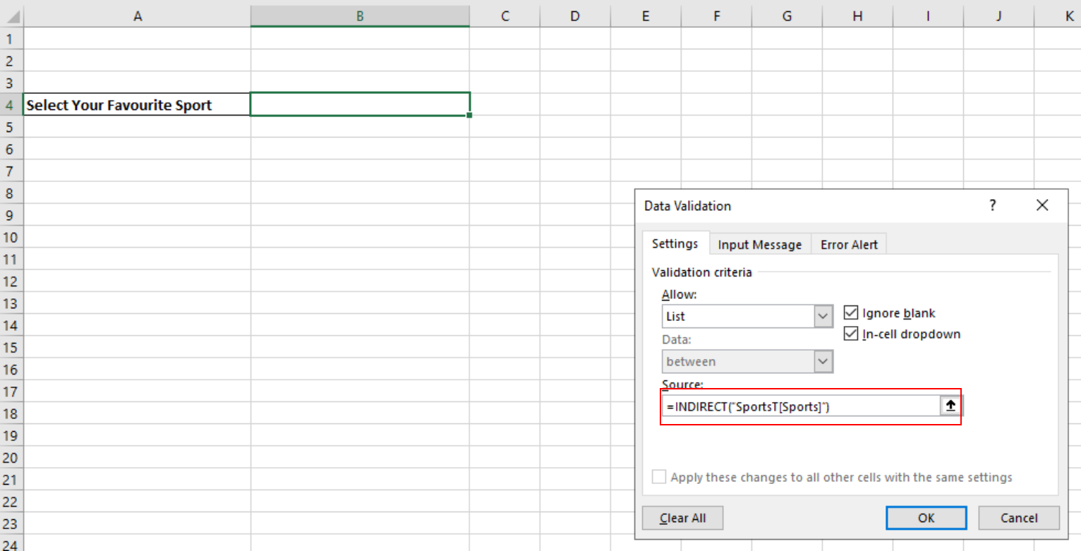 Screenshot showing the INDIRECT formula that has been entered into the Source box in the Settings tab of the Data Validation Dialog Box