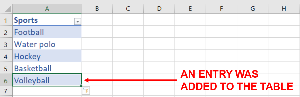 Screenshot showing an entry has been added to the table in cell A6
