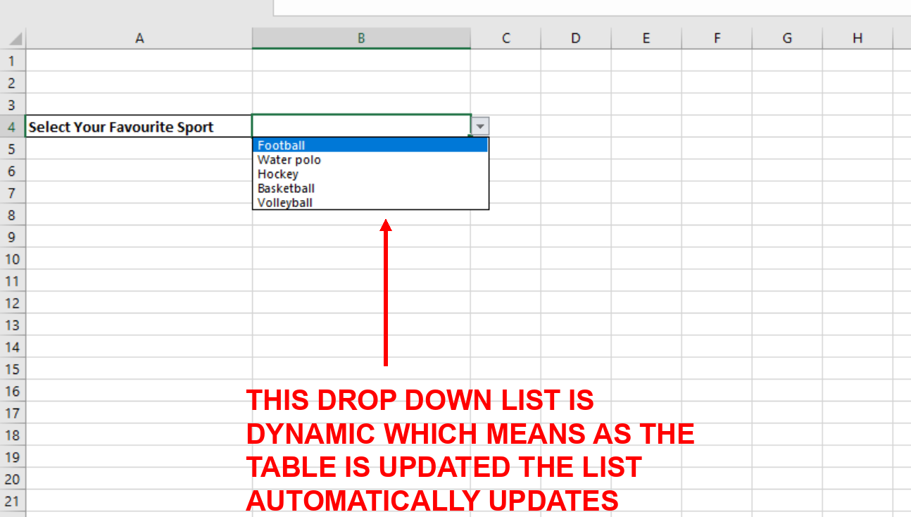 Screenshot showing that the drop down list is dynamic and that it updates automatically