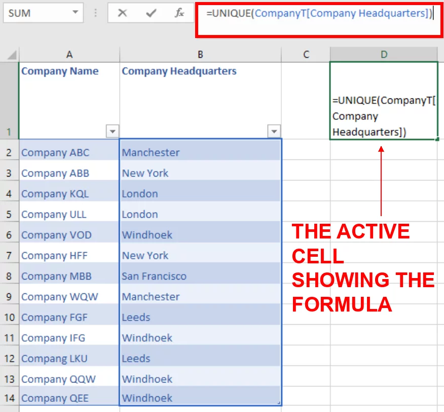 Screenshot showing the UNIQUE Function syntax in cell D1