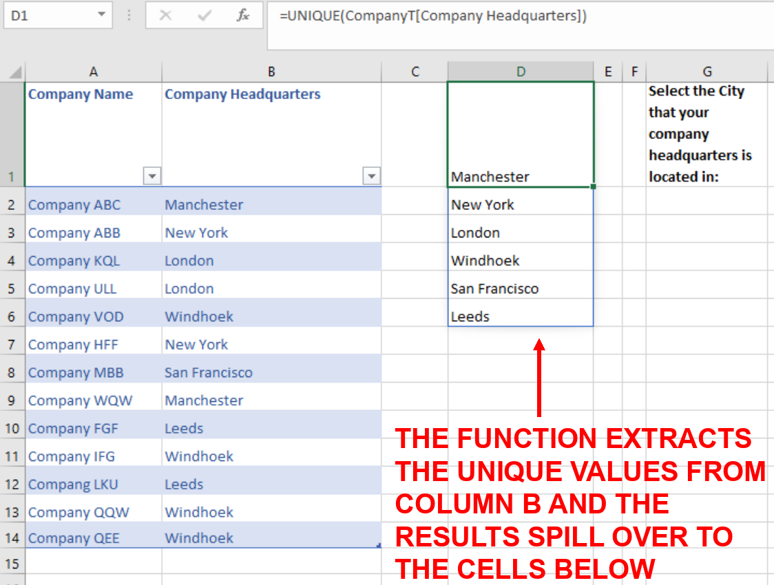 Screenshot showing the spill over of the cells through using the UNIQUE Function