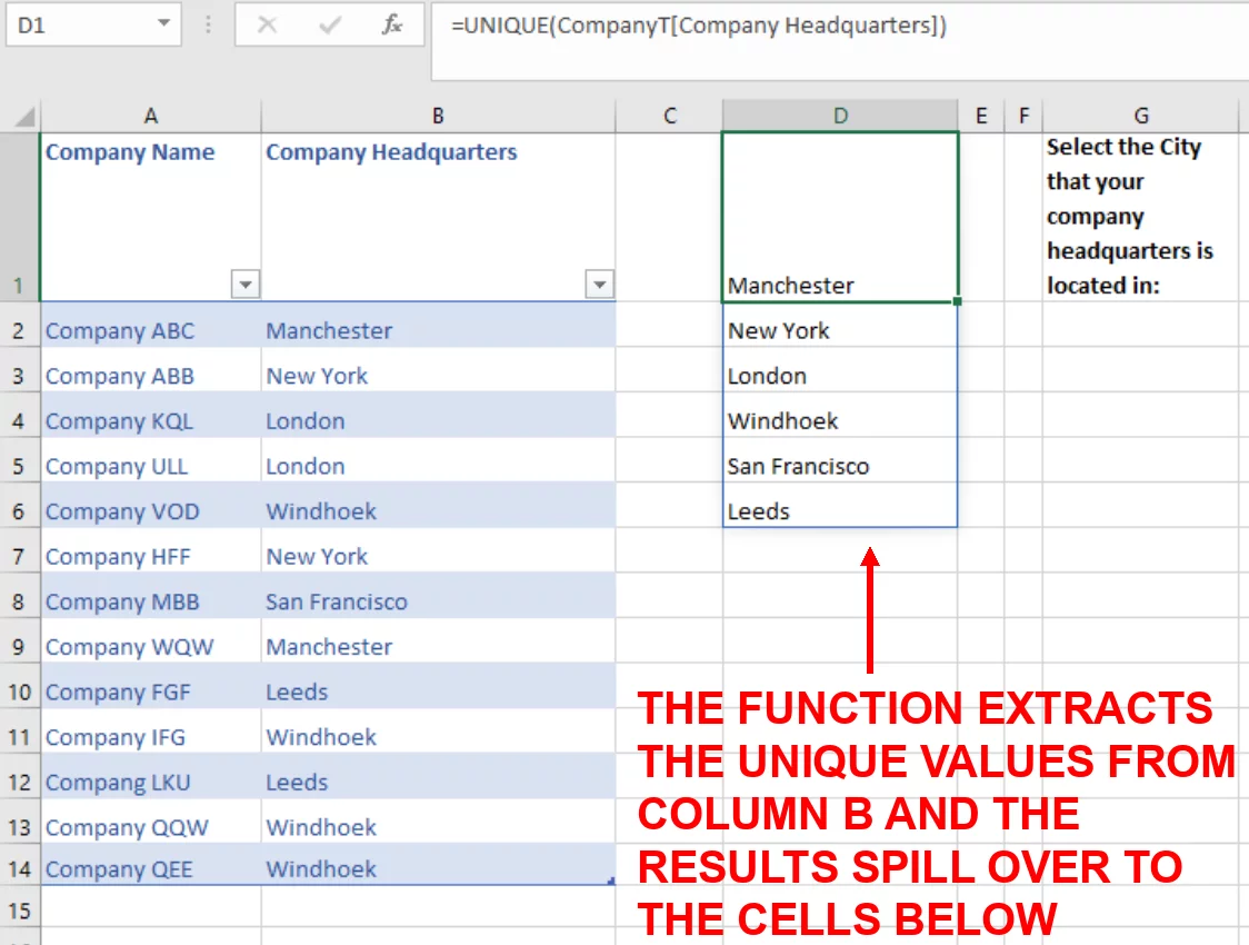 Screenshot showing the spill over of the cells through using the UNIQUE Function