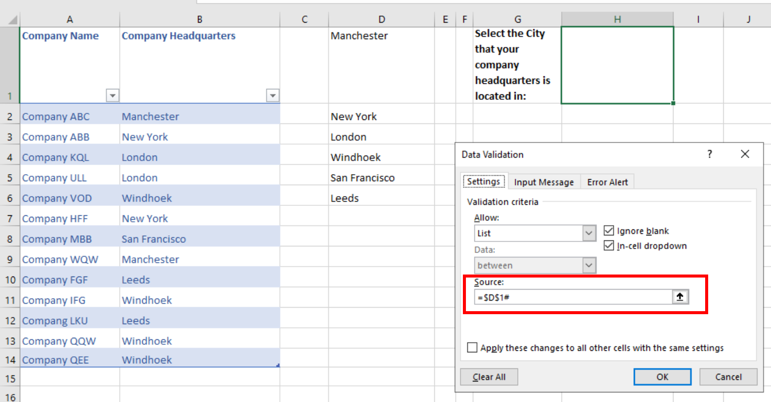 Screenshot showing how to refer to a cell that spills over in the Source box of the Data Validation Dialog Box