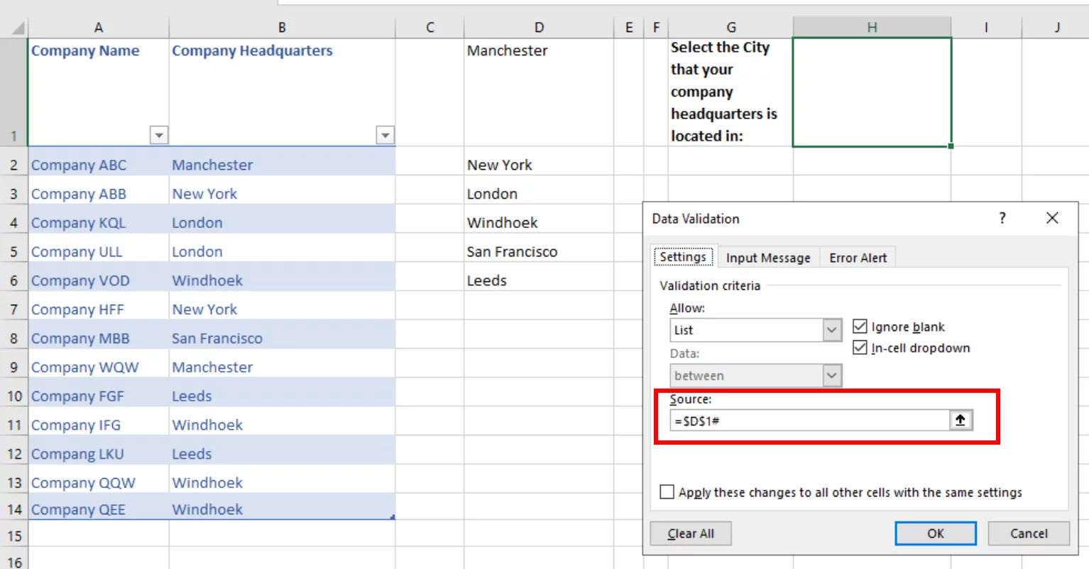Screenshot showing how to refer to a cell that spills over in the Source box of the Data Validation Dialog Box