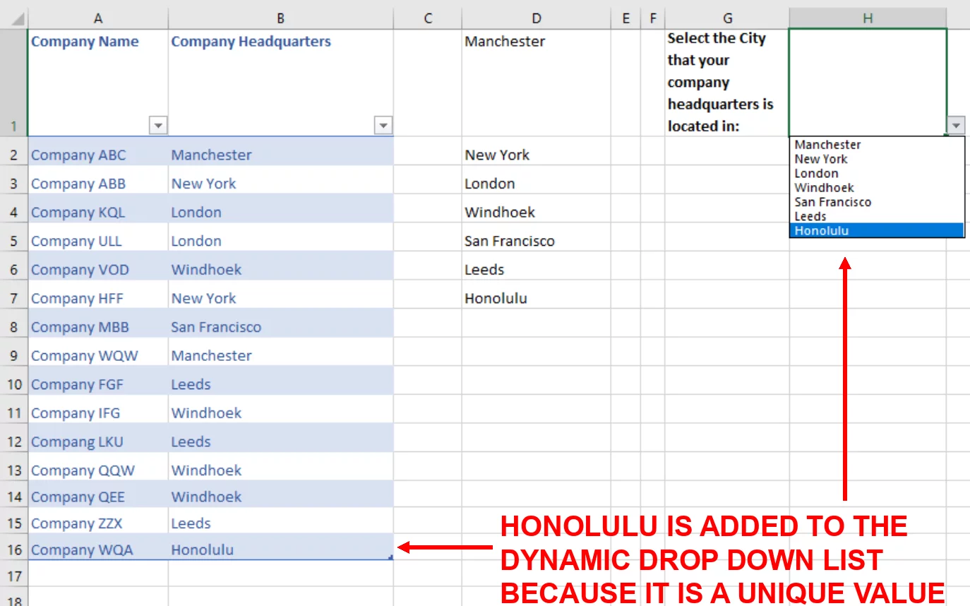 Screenshot showing the unique value Honolulu is added to the dynamic dropdown menu when it is added to the table