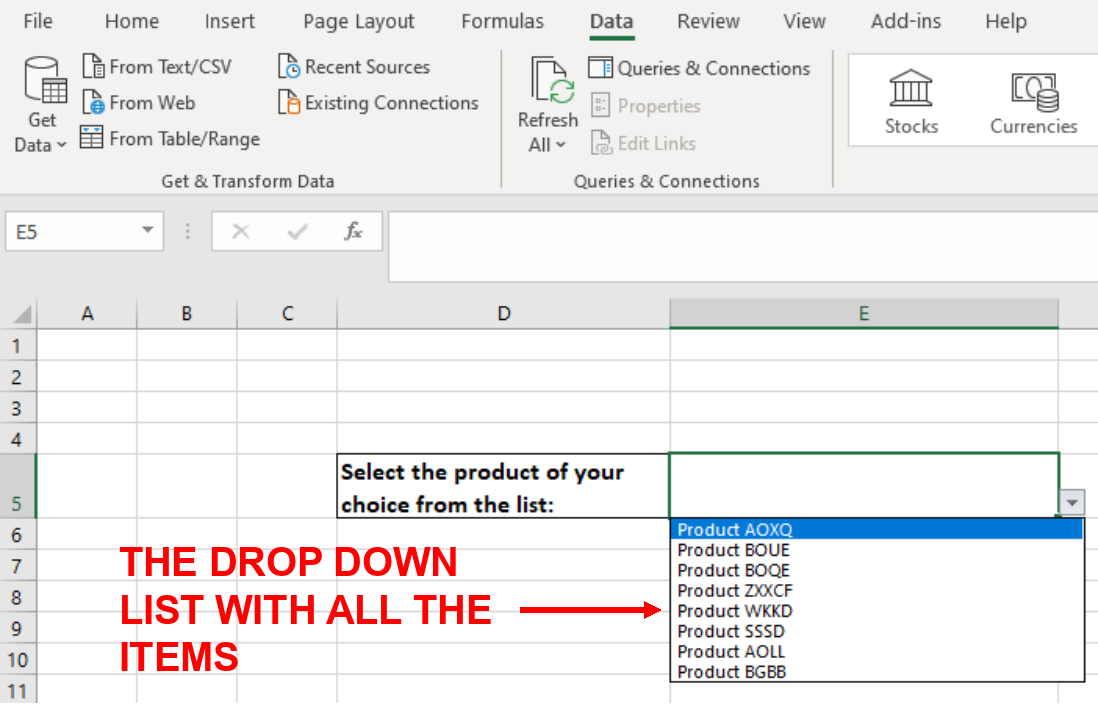 Screenshot showing the drop down list