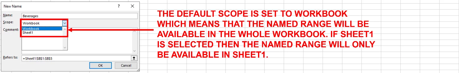 Screenshot showing the scope options which are either Workbook or Sheet1. In this case the default is selected.