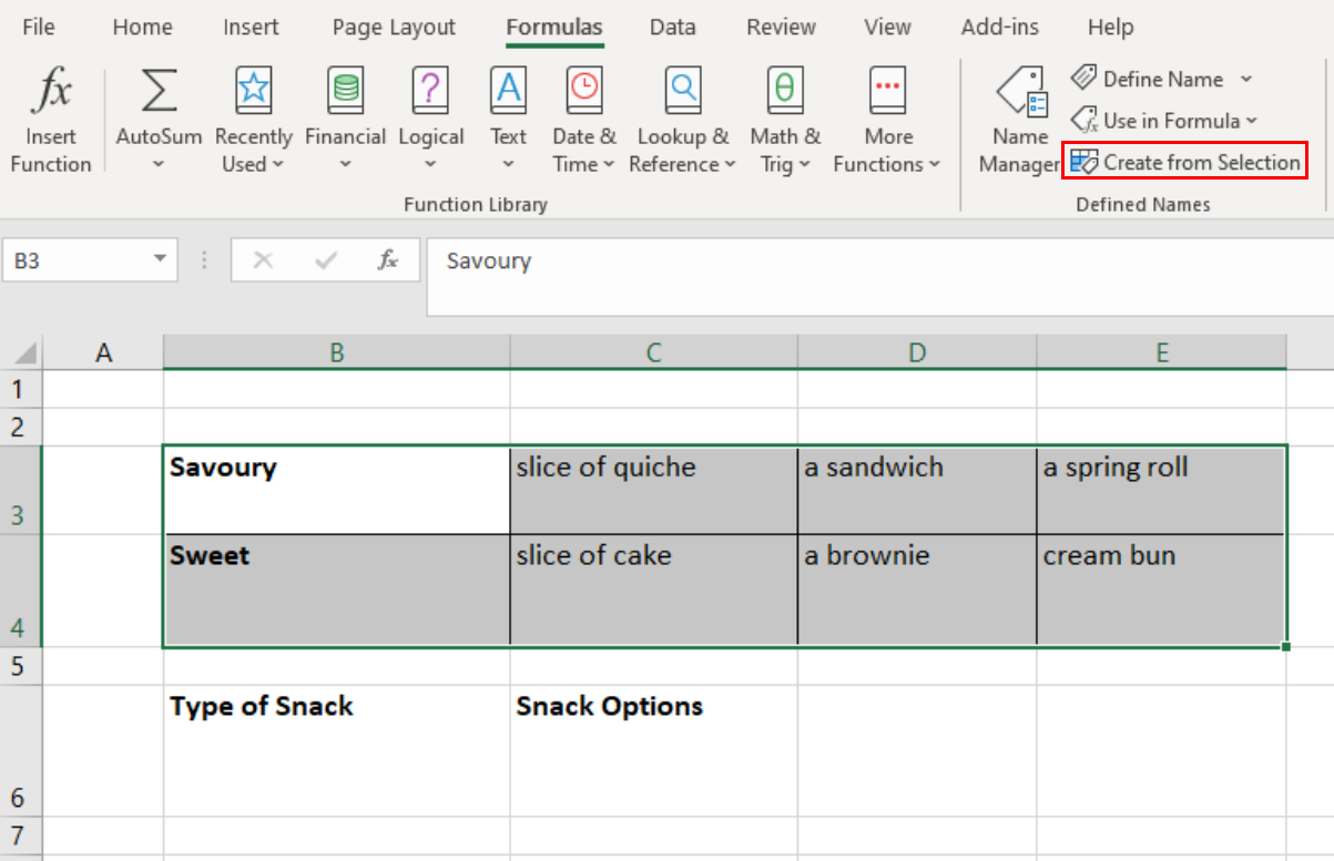 Screenshot showing the Create from Selection option in the Defined Names group on the Formulas Tab