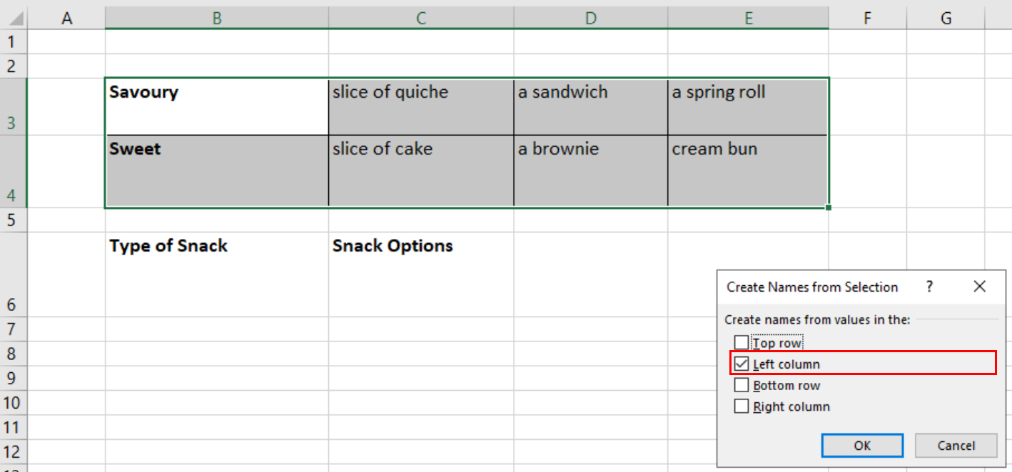 Screenshot showing the Left column option checked in the Create Names from Selection Dialog Box