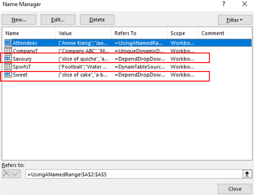 Screenshot showing the named ranges Savoury and Sweet in Name Manager