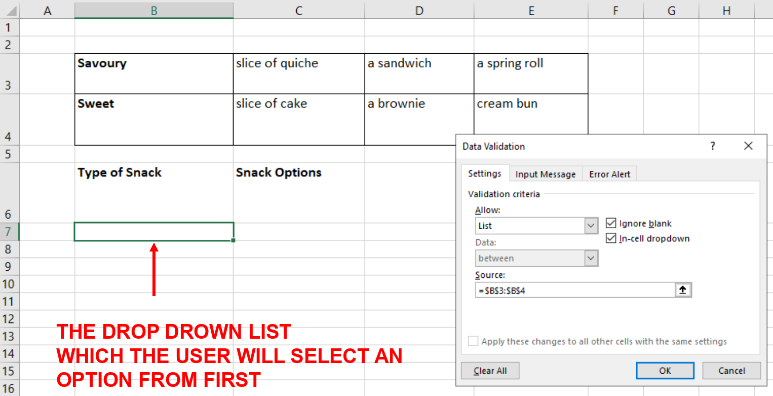 Screenshot showing how to create the first drop down list