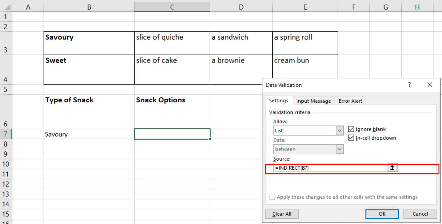 Screenshot showing the INDIRECT formula entered into the Source box in the Settings tab of the Data Validation Dialog Box