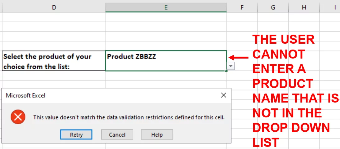 Screenshot showing the error message that appears when the user tries to enter data that is not in the list