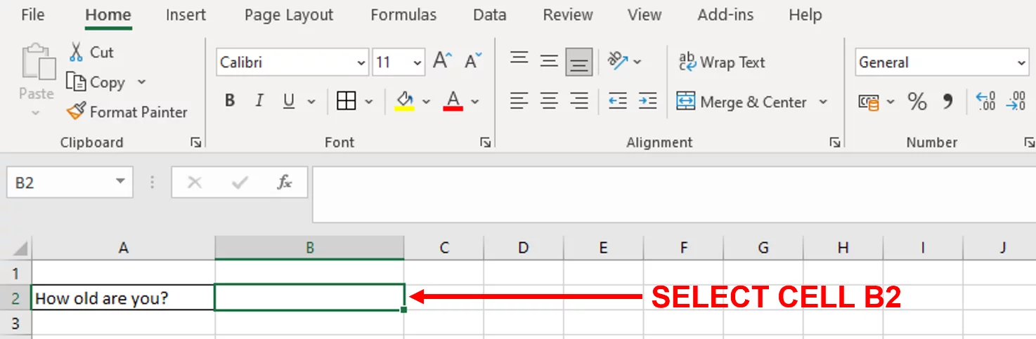 Screenshot showing Cell B2 selected.