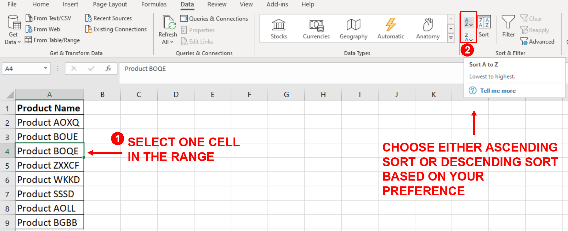Screenshot showing how to sort data in the source data sheet so that the items in the drop down list are sorted