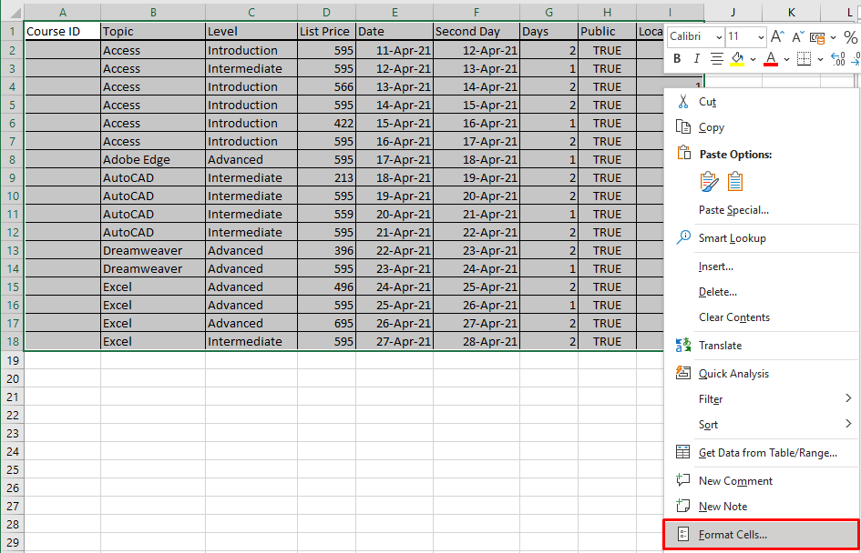 How to find the Format Cells Dialog Box