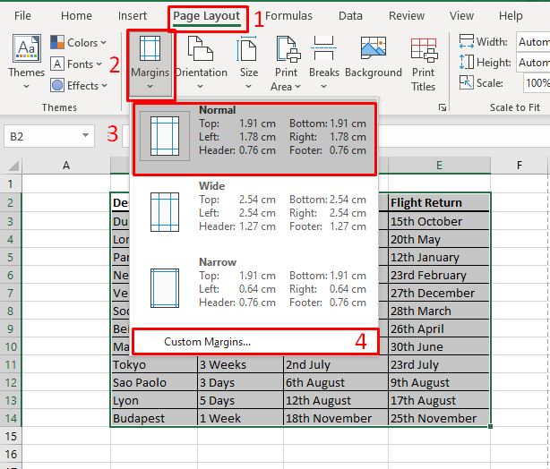 Highlights the Page Layout, Margins, Normal Margins and Custom Margins buttons