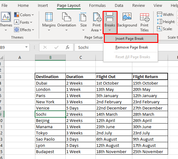 Where to find the Breaks and Insert Page Break buttons