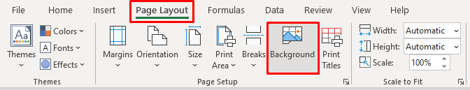Where to find the background button in Page Layout tab