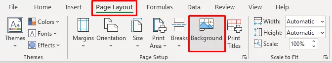 Where to find the background button in Page Layout tab