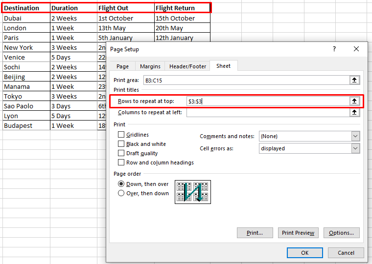 Adjustable Rows to Repeat At Top in Page Setup dialog box