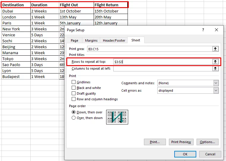 Adjustable Rows to Repeat At Top in Page Setup dialog box