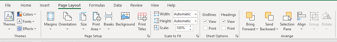 Page Layout tab in the ribbon with all options shown