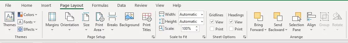 Page Layout tab in the ribbon with all options shown