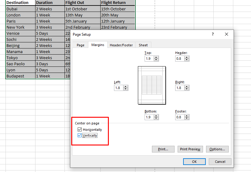 Where to find options to centre the table for printing