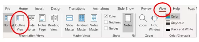 Selectin Outline view in PowerPoint view Ribbon