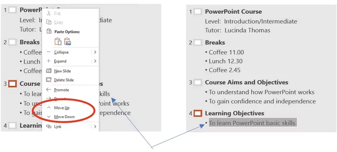 print an outline view of the presentation Shows the subheading having moved down from slide 3 to 4