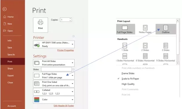 How to print the outline view of a presentation