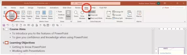 print an outline view of the presentation Overview of PowerPoint Outline view