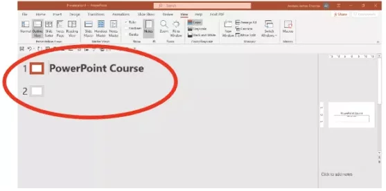 print an outline view of the presentation Showing the newly Created empty slide