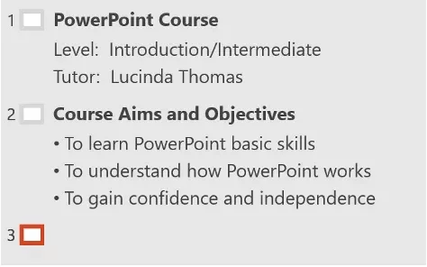 print an outline view of the presentation Shows the new slides and subheadings using shift+tab