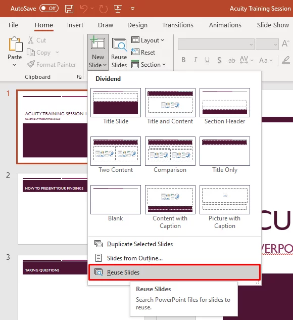 Shows where to find the Reuse Slides tool