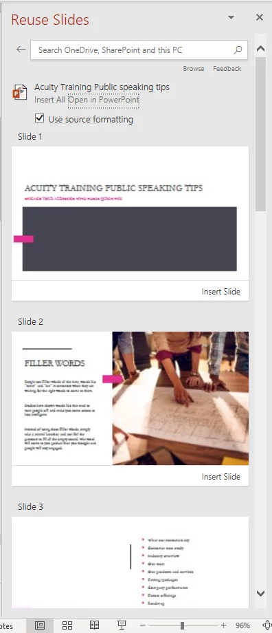 how to insert slides in powerpoint from another presentation Shows the Reuse Slides tool panel