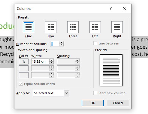 Shows the columns dialog box