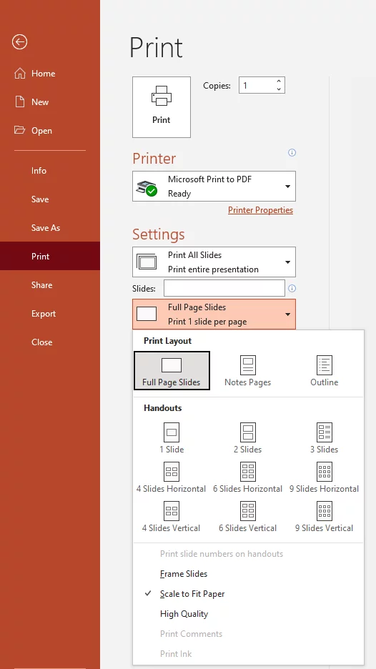 printing slide presentation in powerpoint Shows the drop down menu for layout settings