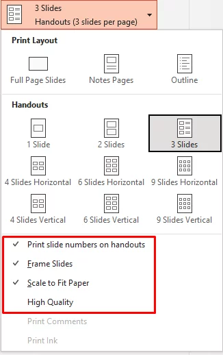 printing slide presentation in powerpoint Highlights the additional settings for handouts