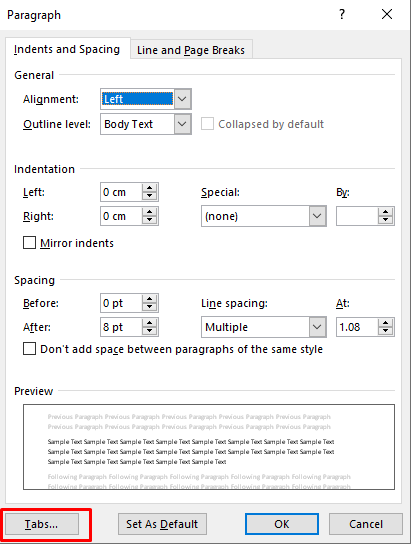 Shows the paragraph dialog box and how to get to the tabs