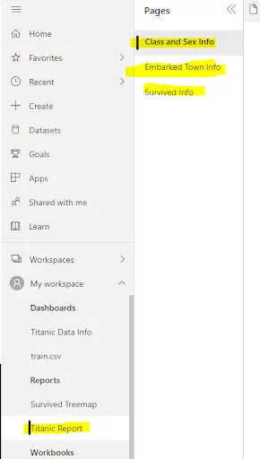 The three pages of our Power BI report showing in the Reports area