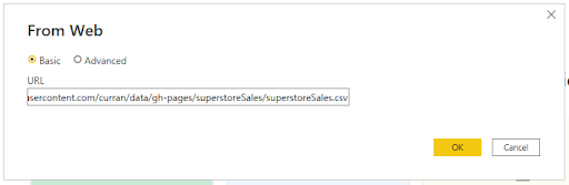 Entering the web URL to access a dataset in Power BI