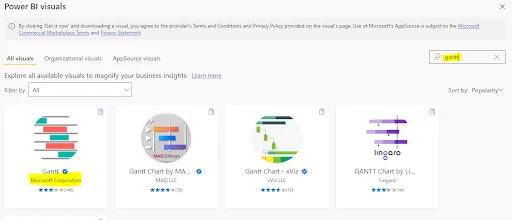 Selecting the Microsoft Gantt chart in the Power BI marketplace
