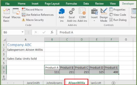 Screenshot showing the result of pressing the assigned shortcut key Ctrl-Shift-B on the third sheet.